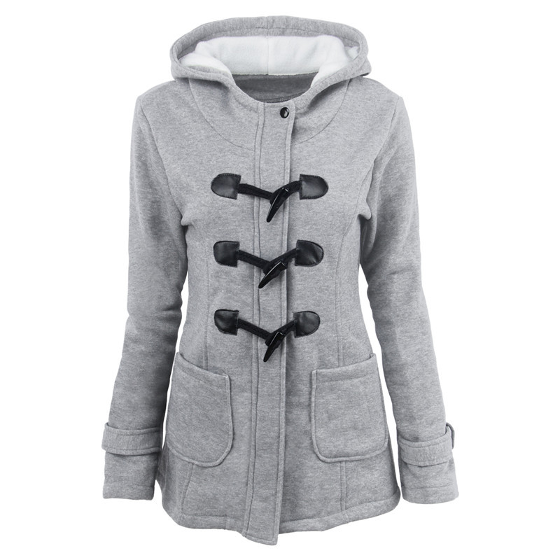 Women's horn button thickened hooded cotton coat