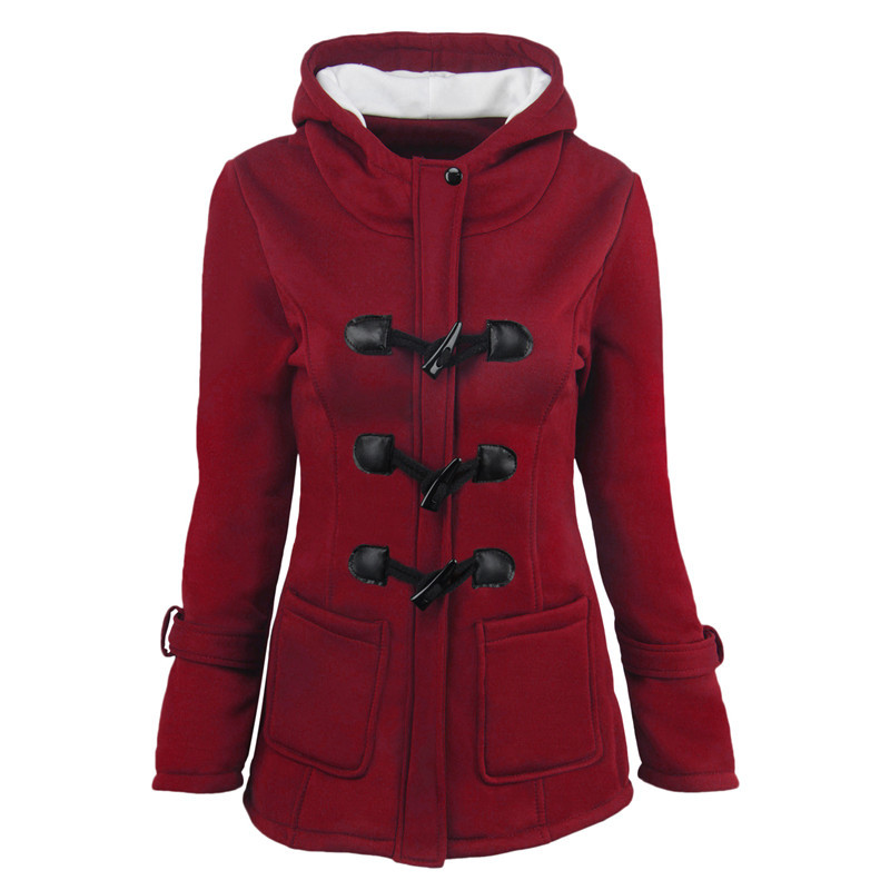 Women's horn button thickened hooded cotton coat