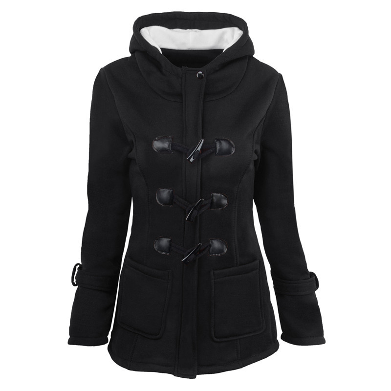 Women's horn button thickened hooded cotton coat