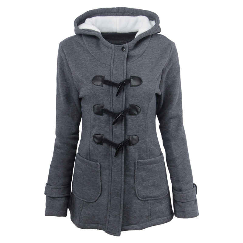 Women's horn button thickened hooded cotton coat