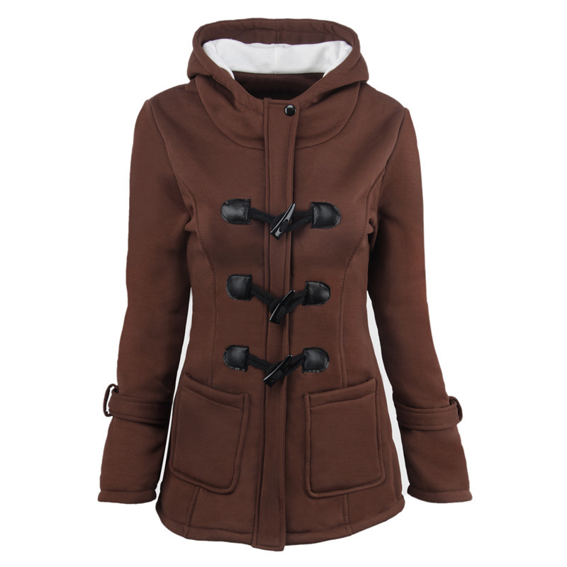 Women's horn button thickened hooded cotton coat