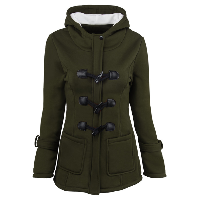Women's horn button thickened hooded cotton coat