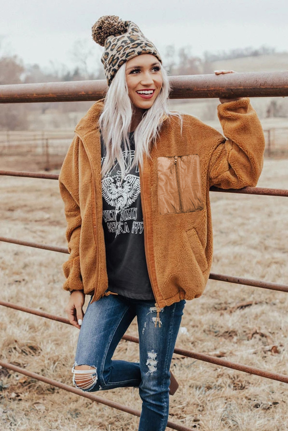 Blue Black Zip Up Sherpa Coat with Pocket