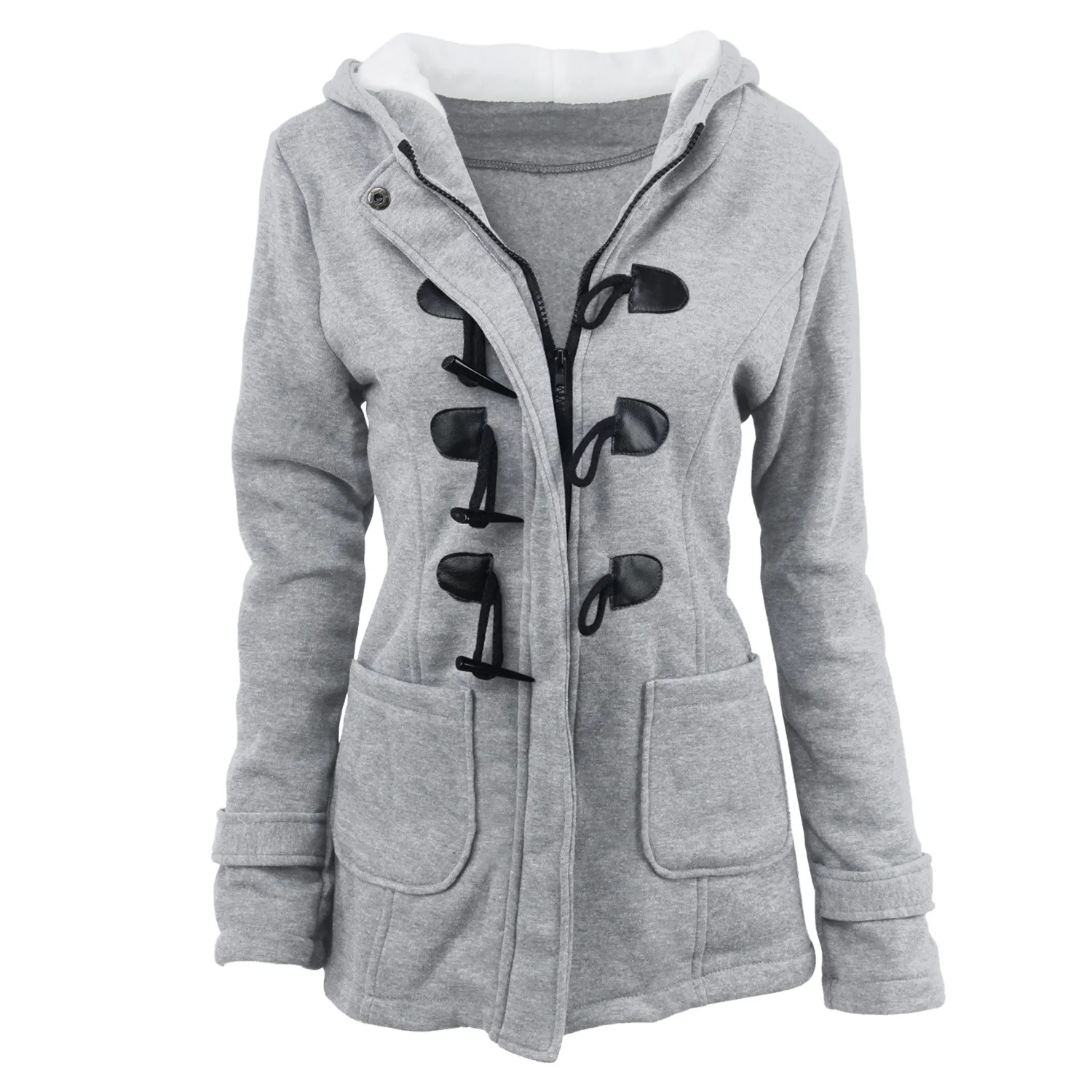 Women's horn button thickened hooded cotton coat
