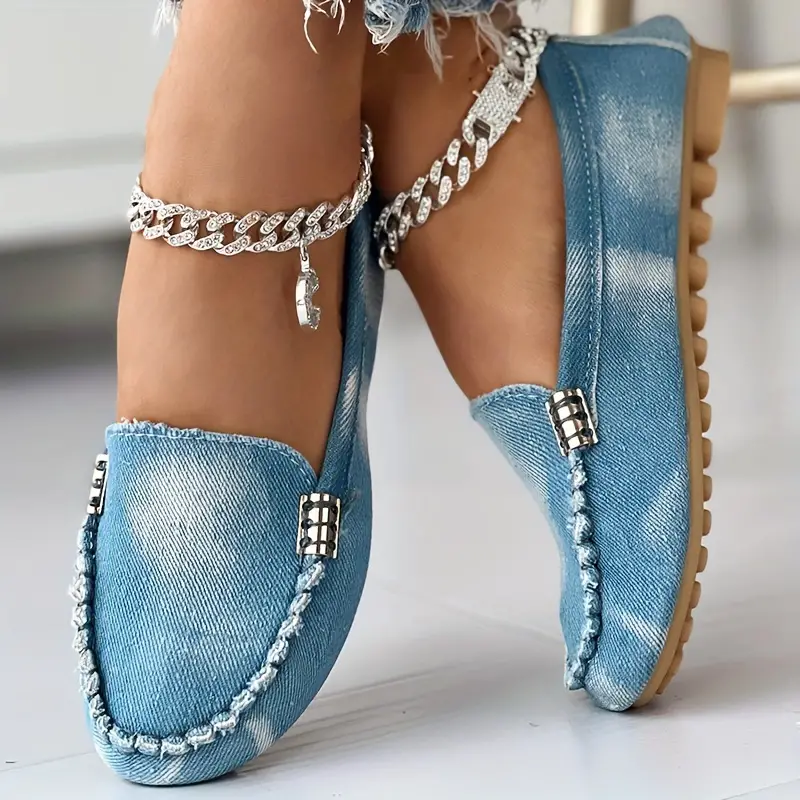 Women s Denim Flat Loafers Casual Round Toe Slip Low Top details 1