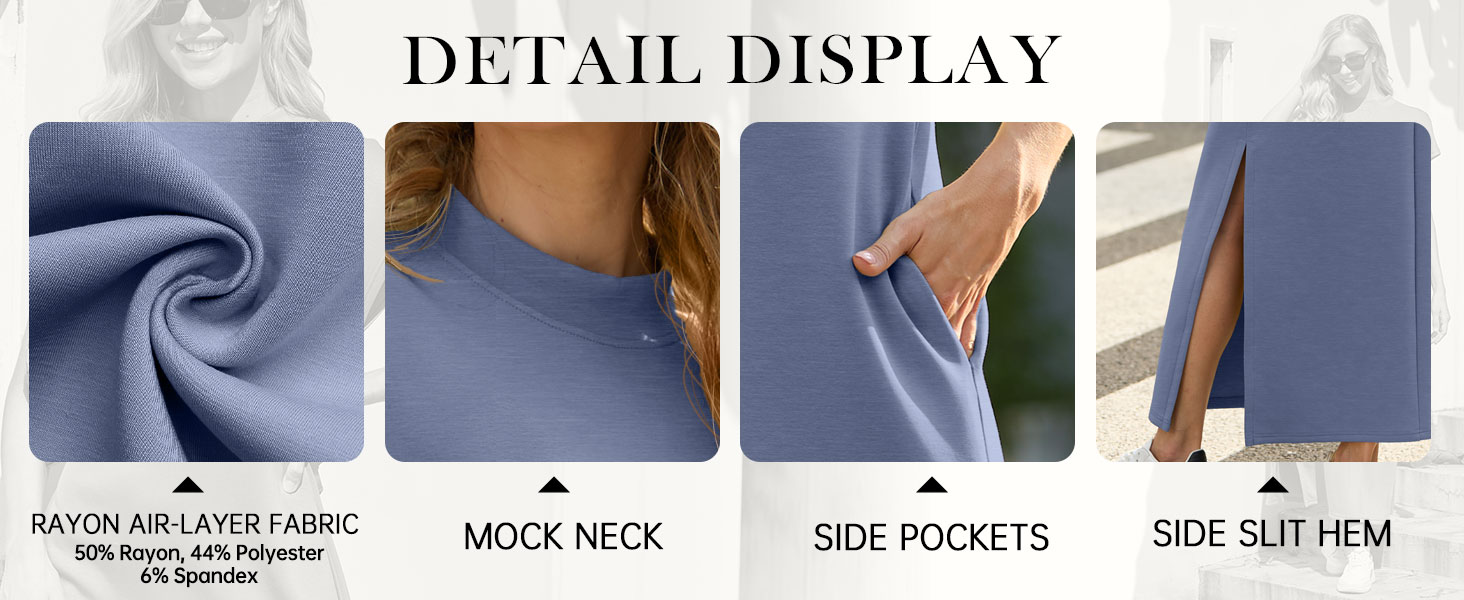 Detail Display: Rayon Air-Layer Fabric, Mock Neck, Side Pockets, Side Slit Hem