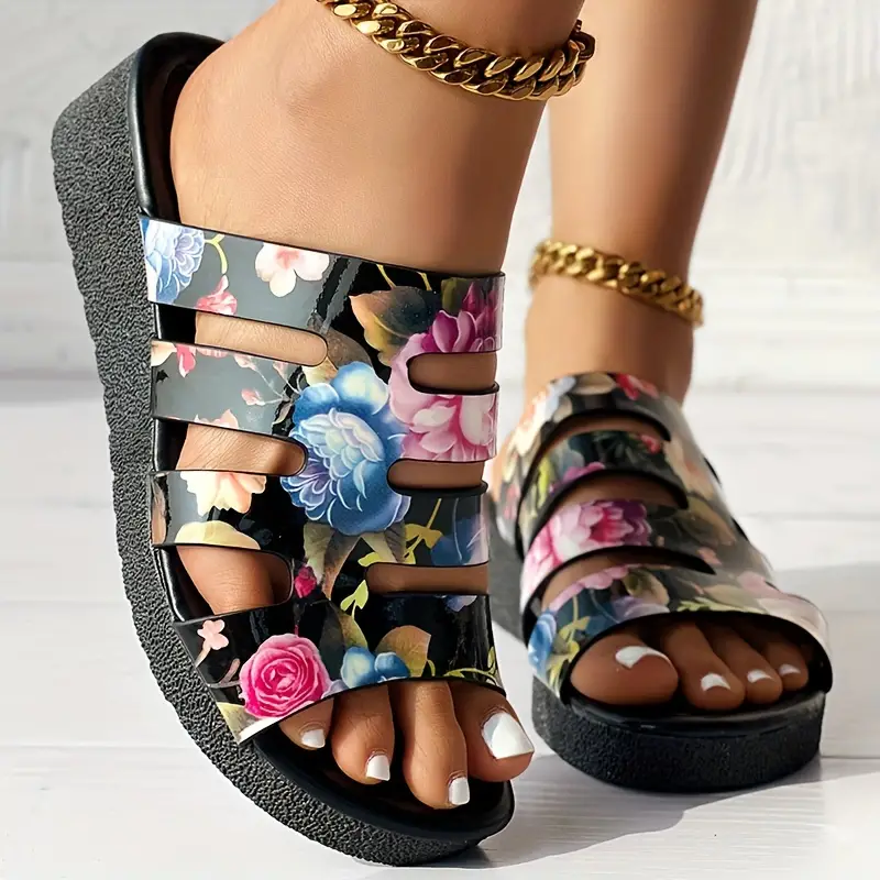 Women s Floral Print Casual Sandals Platform Slip Soft Sole details 5