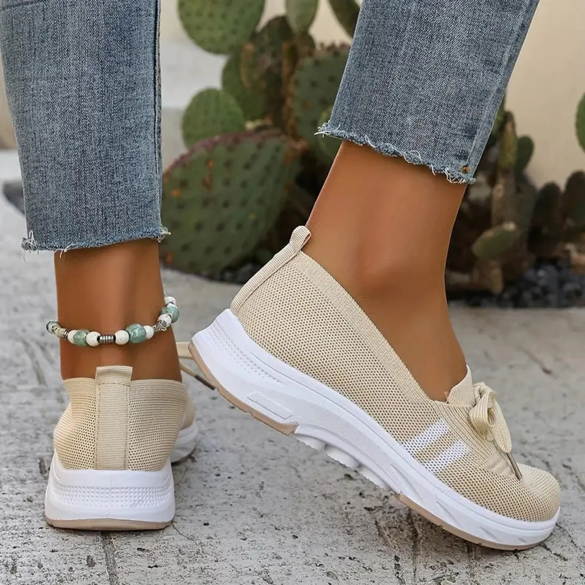 🔥Summer Best Seller🔥Women’s Breathable Knit Slip-On Sneakers with Bow – Lightweight Low-Top Casual Shoes in Beige & White for Everyday Comfort