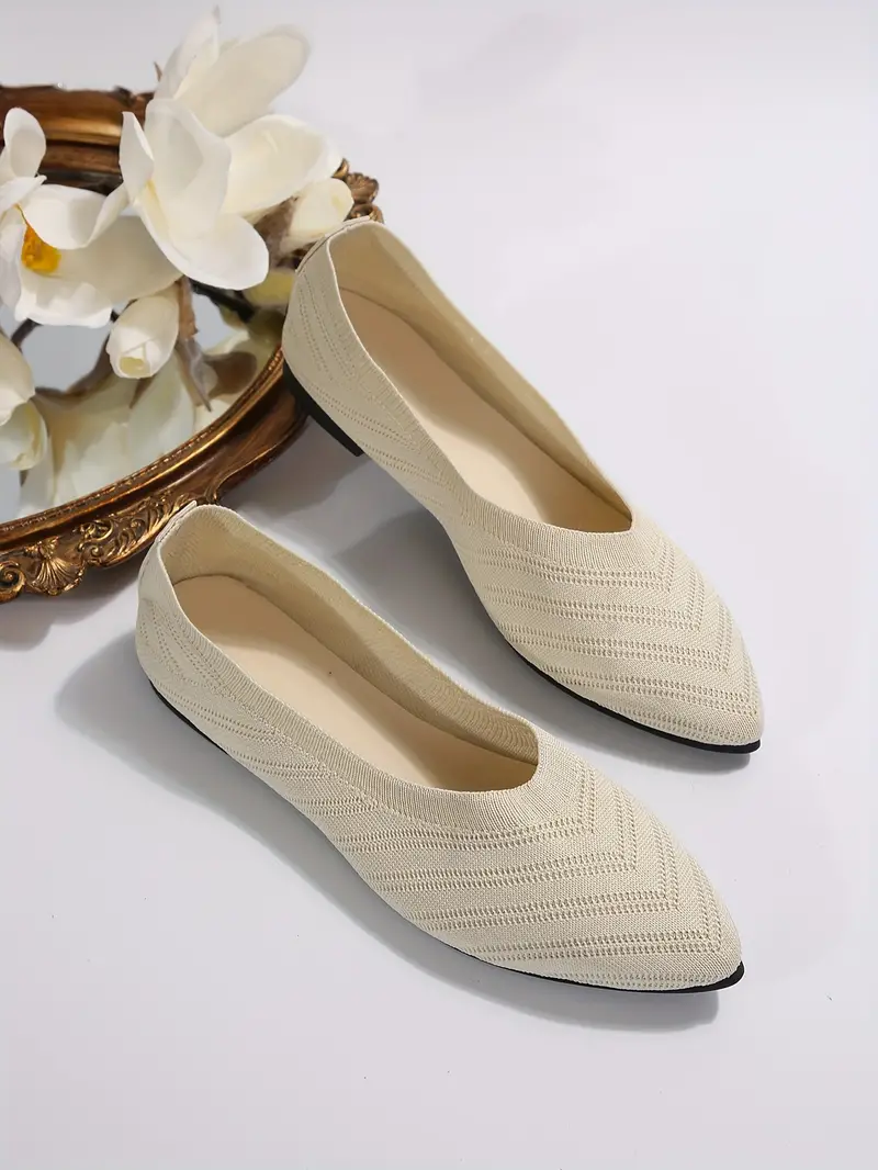 womens pointed toe flat shoes solid color knitted slip on shoes casual breathable ballet flats details 47