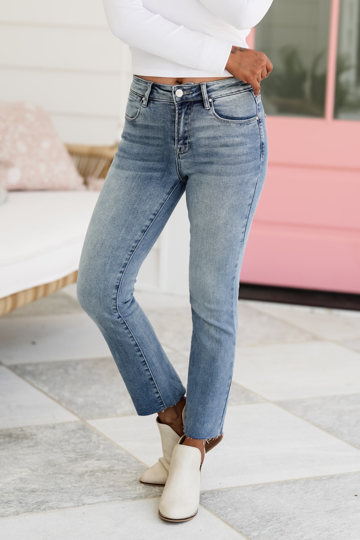 Risen Your Bestie High Rise Medium Wash Raw Edge Hem Straight Leg Jeans
