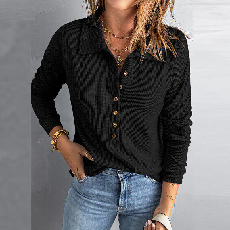Womens Long Sleeve Knitted Jumper Tops Ladies Casual Baggy Plain Button T Shirt