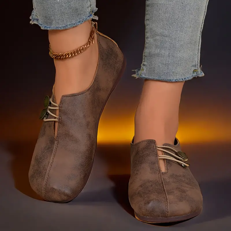 womens soft sole round toe buckle decoration solid color casual single shoes details 0