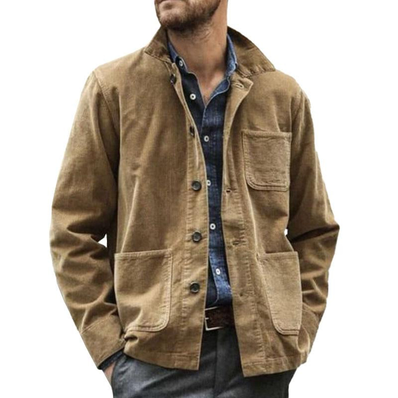 Men's Vintage Solid Color Multi Pocket Lapel Long Sleeve Workwear Jacket