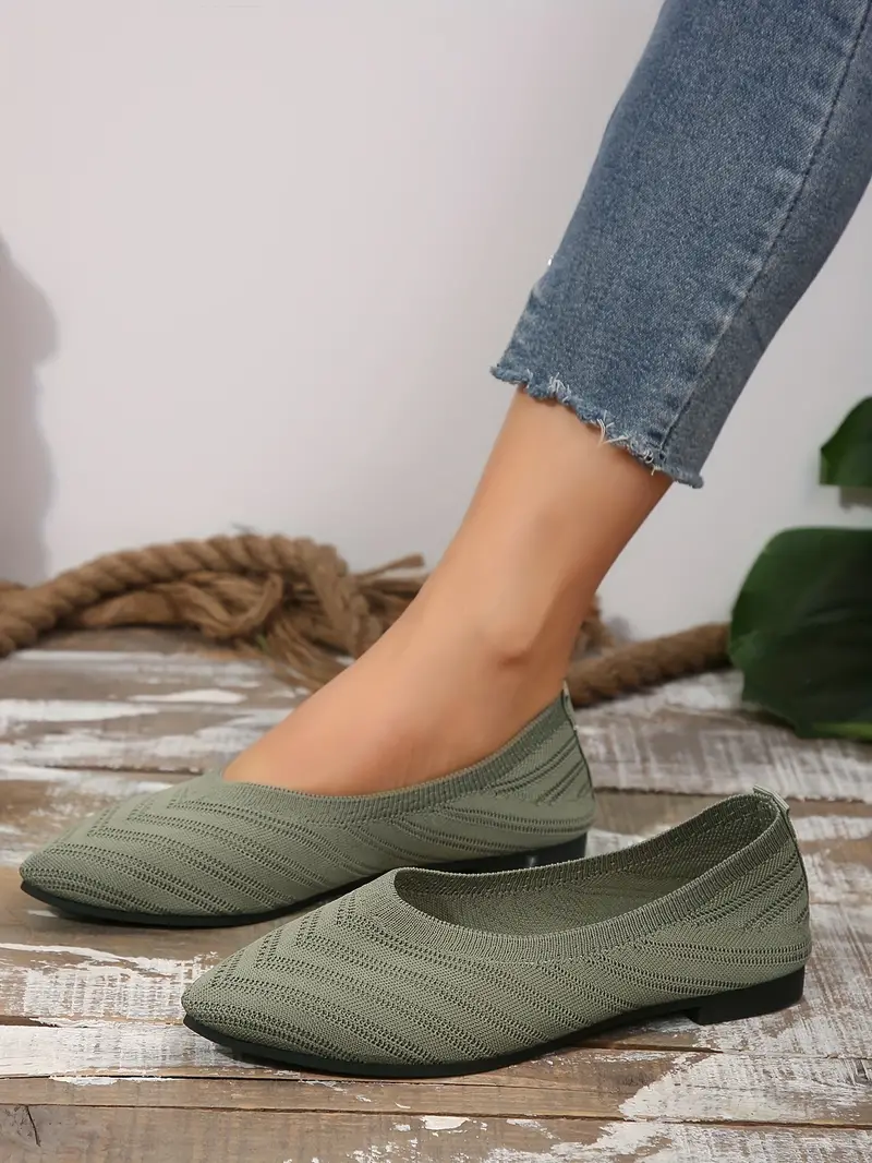 womens pointed toe flat shoes solid color knitted slip on shoes casual breathable ballet flats details 23