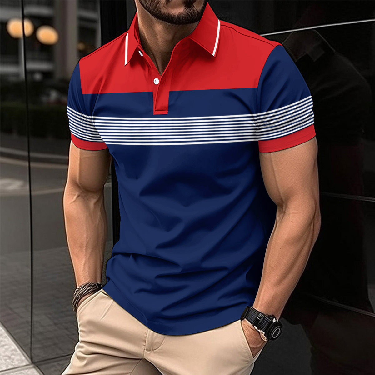 Men's Casual Striped Polo Collar Shirt