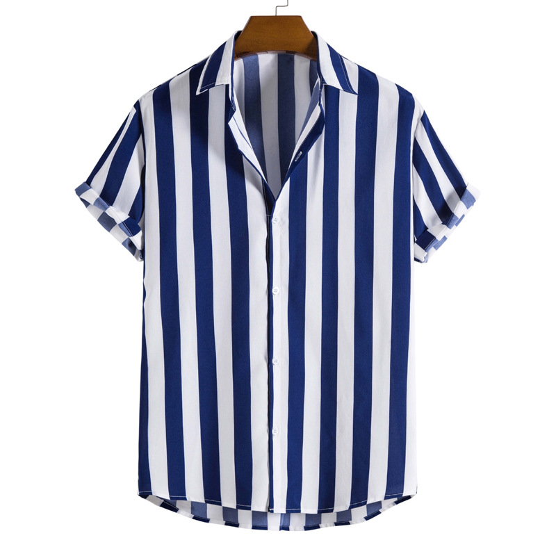 Men's Fashion Striped Contrast Loose Short Sleeve Lapel Shirt