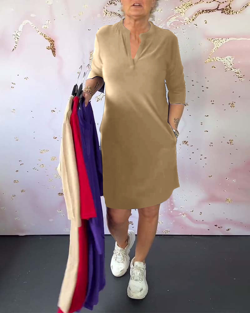 SOLID COLOR DRESS WITH V-NECK