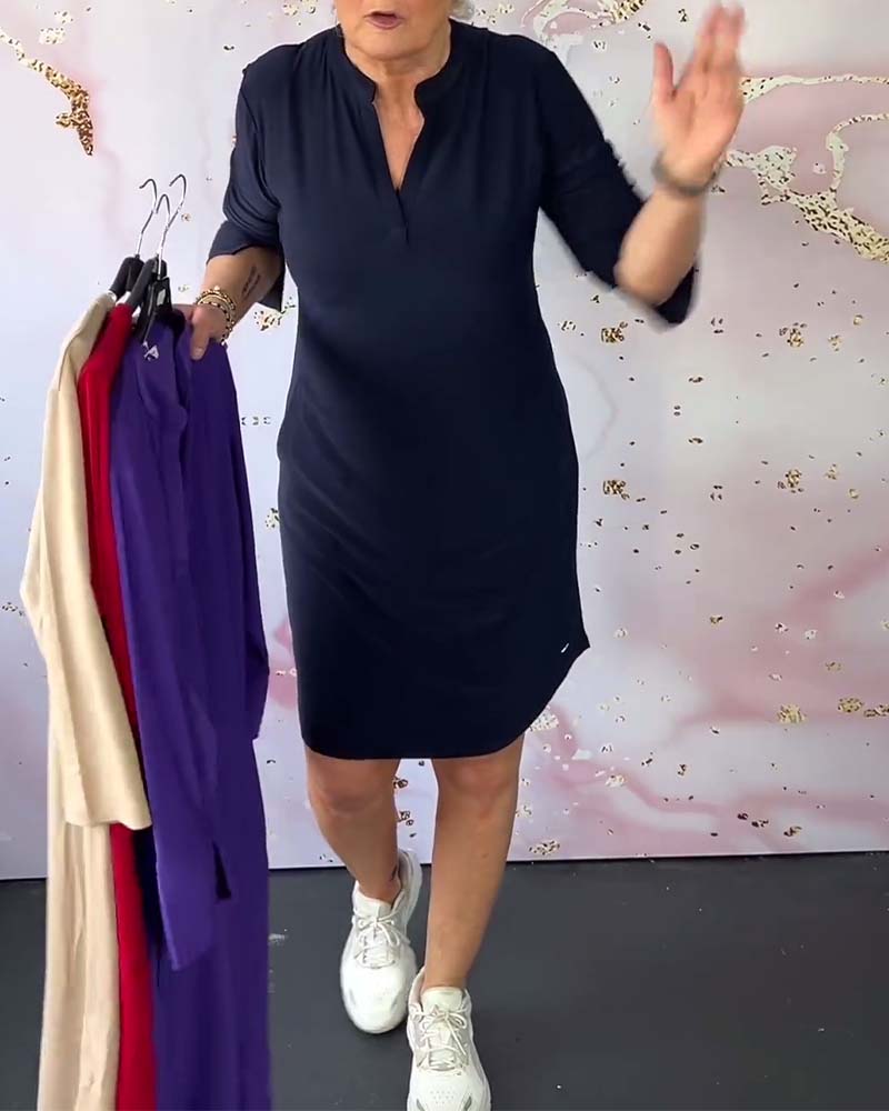 SOLID COLOR DRESS WITH V-NECK