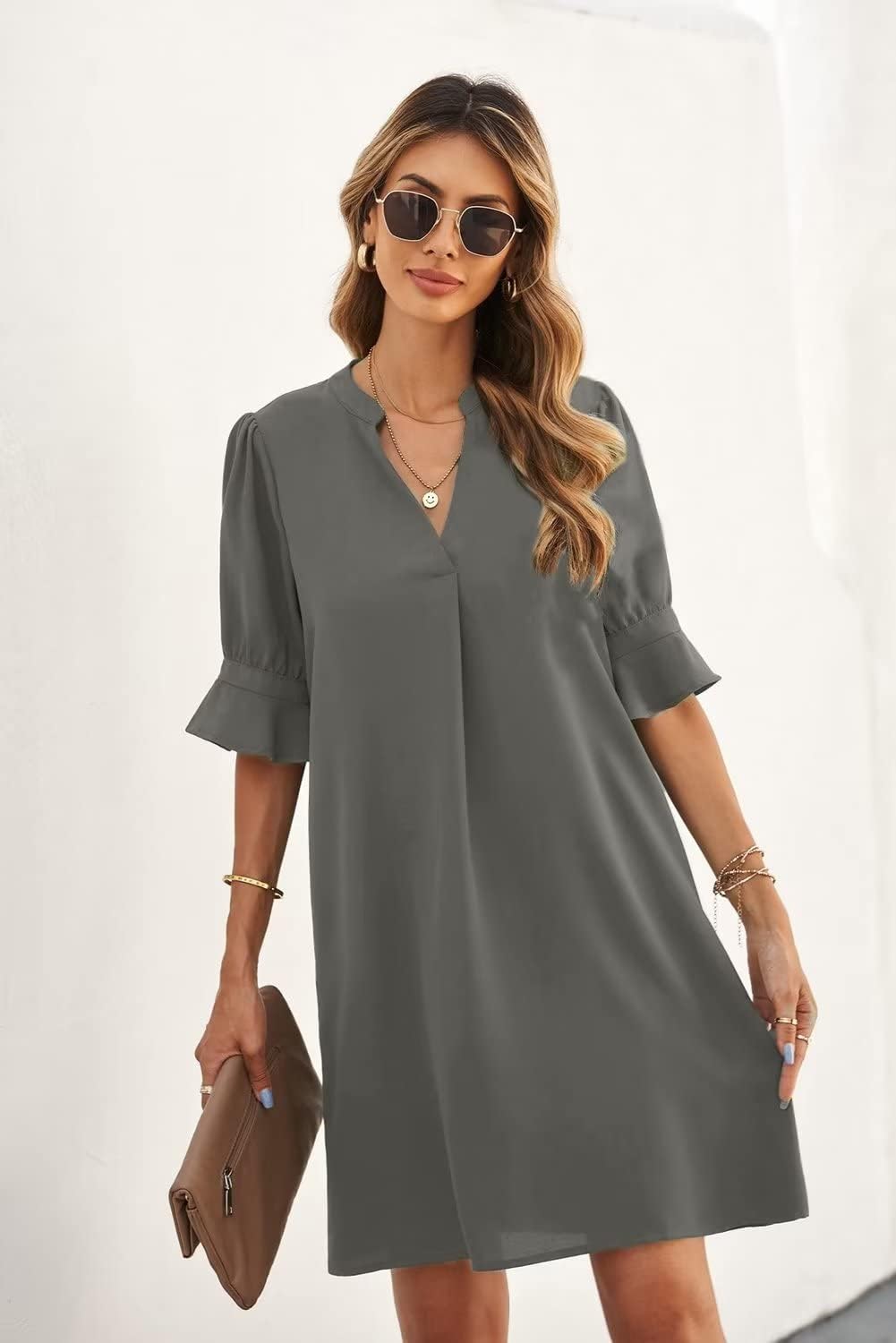 Wkior Shift Dress for Women V Neck Short Sleeves Solid Color Flowy Casual Summer Dresses(S-2XL)