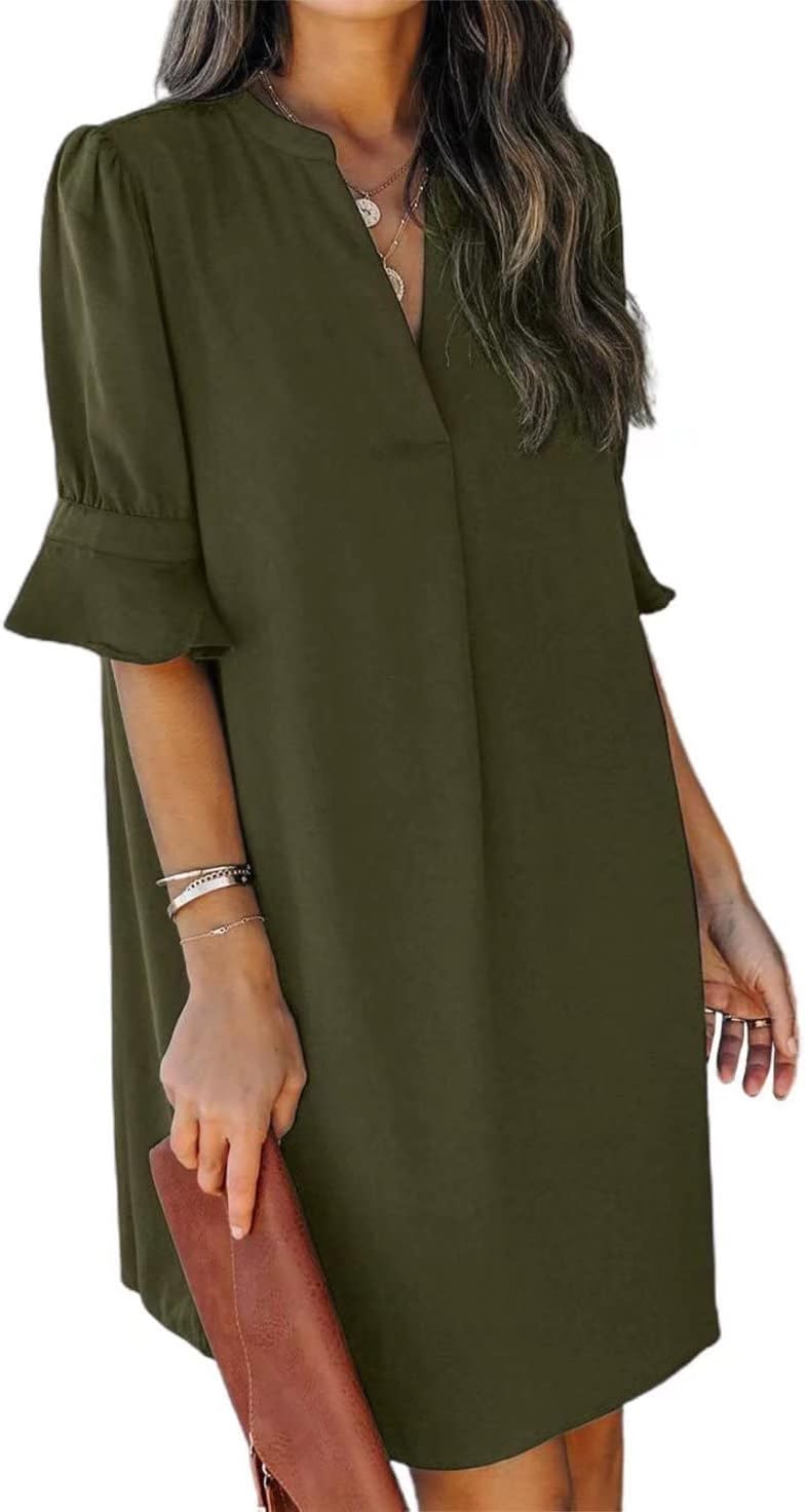 Wkior Shift Dress for Women V Neck Short Sleeves Solid Color Flowy Casual Summer Dresses(S-2XL)