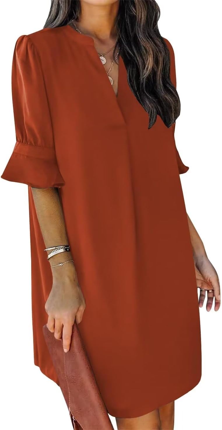 Wkior Shift Dress for Women V Neck Short Sleeves Solid Color Flowy Casual Summer Dresses(S-2XL)