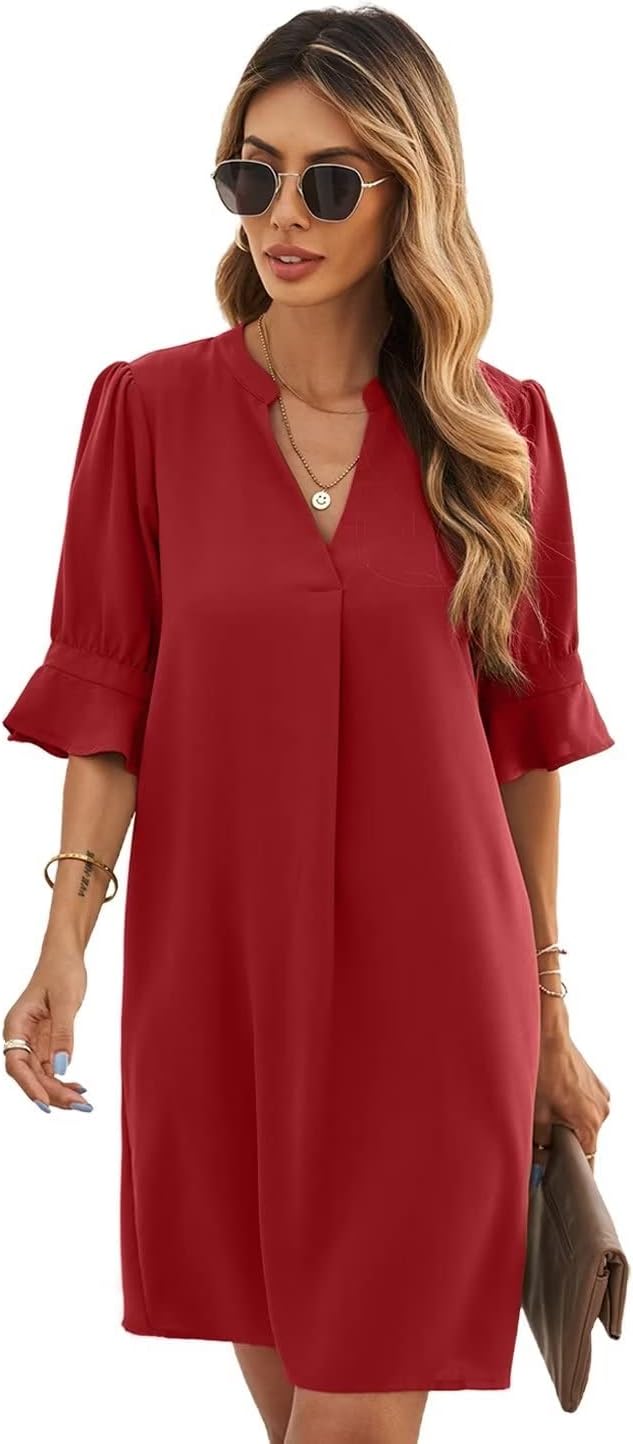 Wkior Shift Dress for Women V Neck Short Sleeves Solid Color Flowy Casual Summer Dresses(S-2XL)