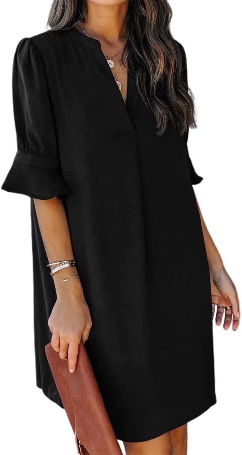 Wkior Shift Dress for Women V Neck Short Sleeves Solid Color Flowy Casual Summer Dresses(S-2XL)