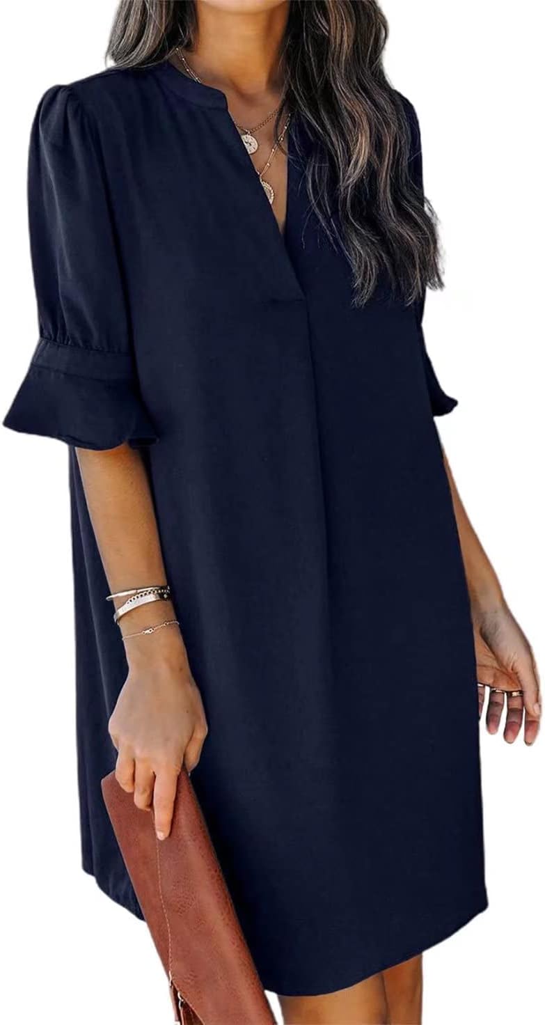 Wkior Shift Dress for Women V Neck Short Sleeves Solid Color Flowy Casual Summer Dresses(S-2XL)
