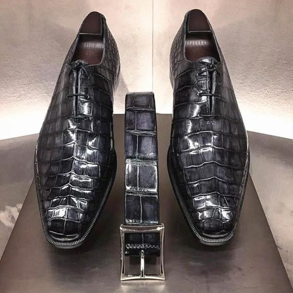 Black Crocodile Alligator Splicing Derby Dress Shoes-Zittor
