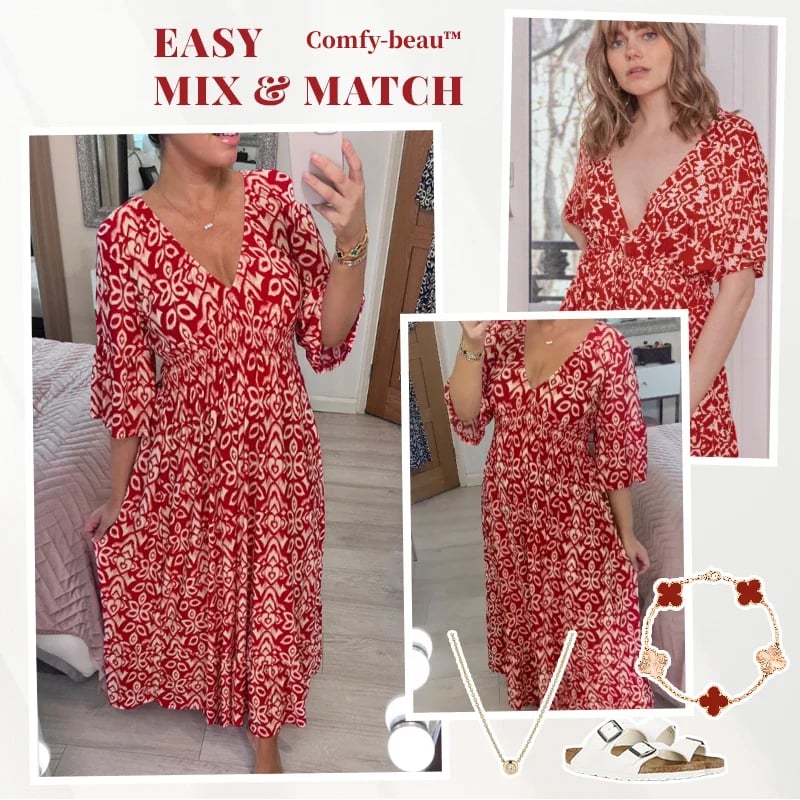 🌸 💞Casual Printed V-Neck Long Dress