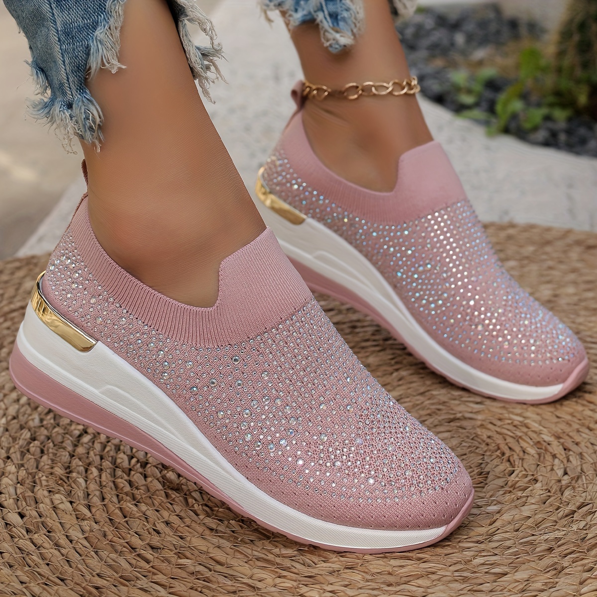 Women's Rhinestone Decor Platform Sneakers
