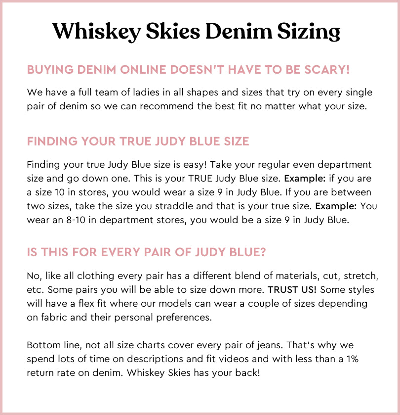 Whiskey Skies Denim Sizing