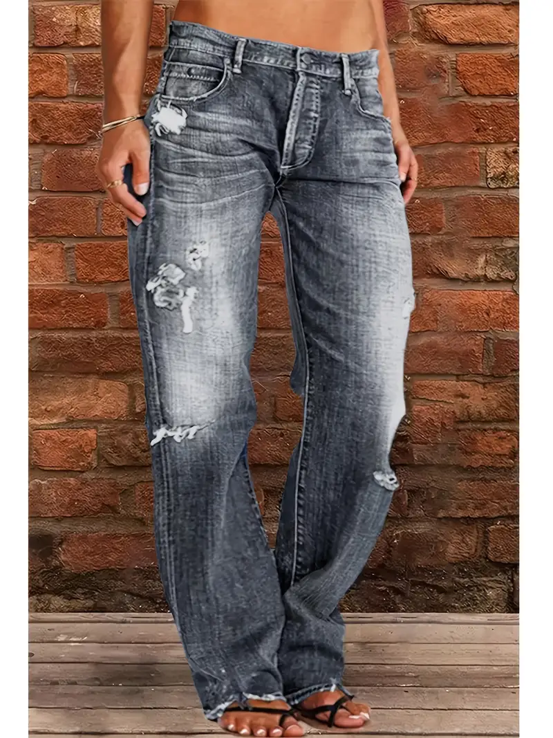 womens elegant vintage wash blue wide leg distressed denim jeans high waisted long trousers with belt loops functional pockets casual to semi formal wear machine washable jeans dark gray 0
