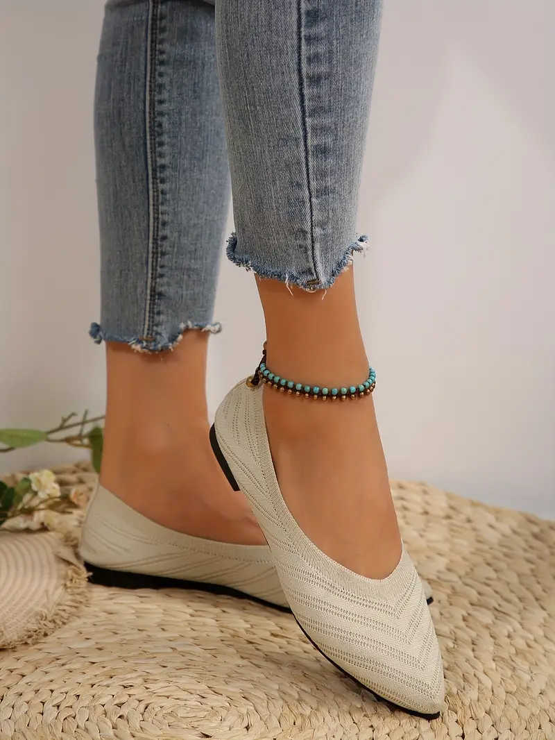 womens pointed toe flat shoes solid color knitted slip on shoes casual breathable ballet flats details 45