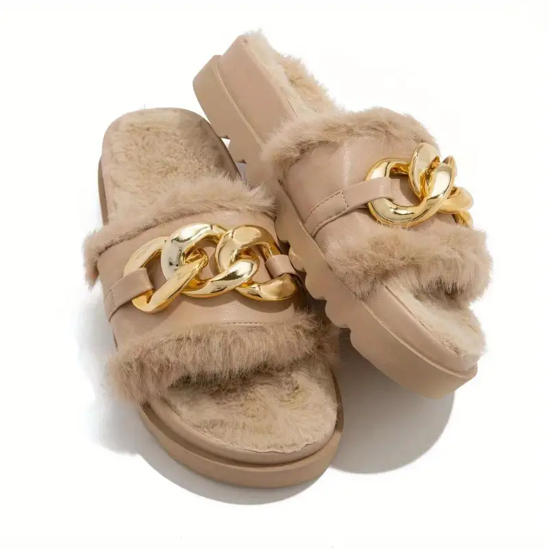 womens metallic chain decor slippers slip on open toe home thick soft sole fluffy slides shoes cozy plush fuzzy shoes details 6