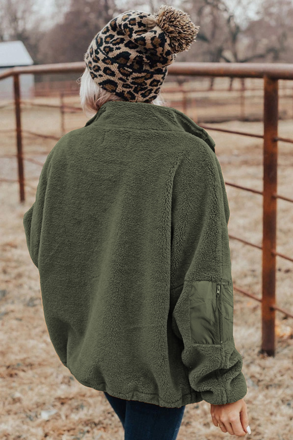 Blue Black Zip Up Sherpa Coat with Pocket