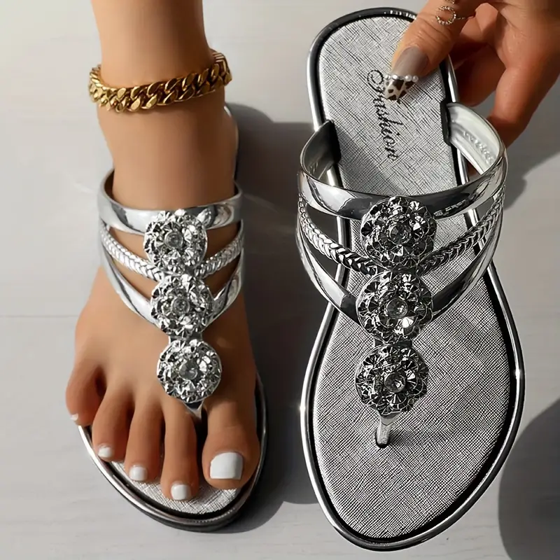 Women s Solid Color Glitter Sandals Rhinestone Floral Decor details 6
