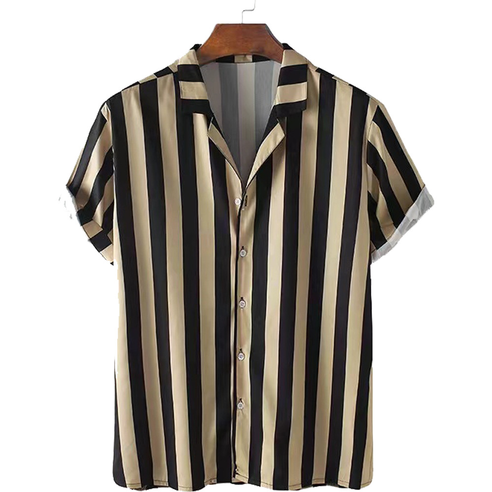 Men's Fashion Striped Contrast Loose Short Sleeve Lapel Shirt