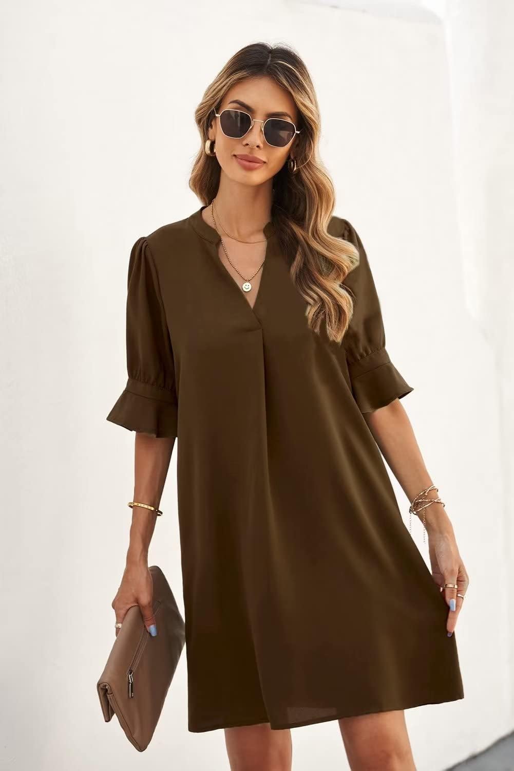 Wkior Shift Dress for Women V Neck Short Sleeves Solid Color Flowy Casual Summer Dresses(S-2XL)