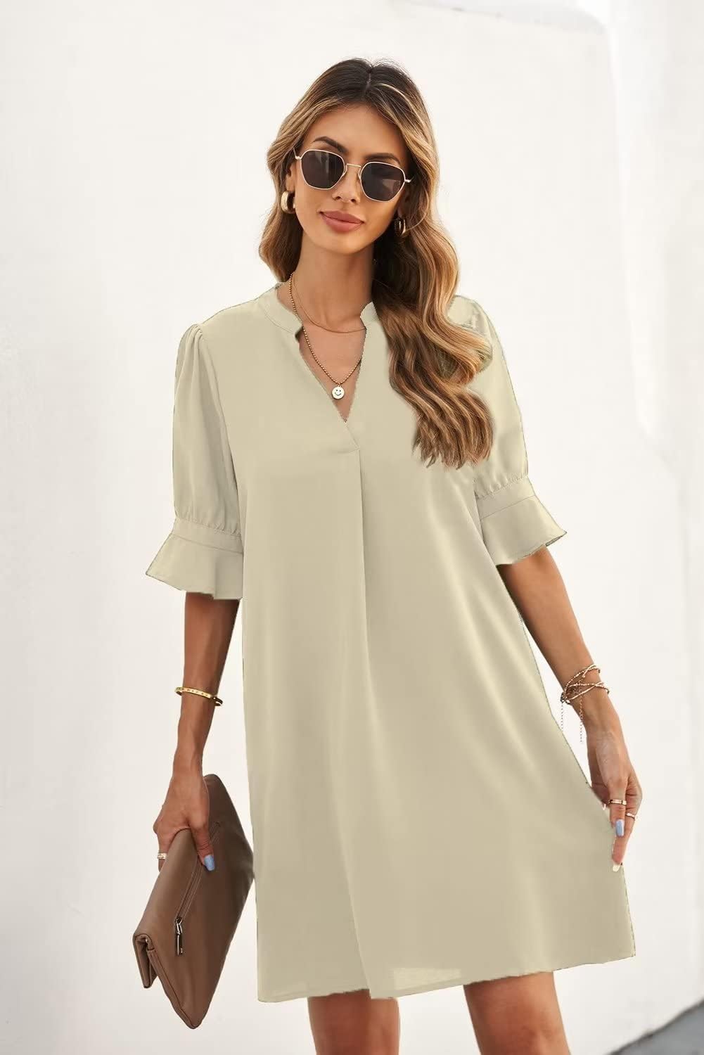 Wkior Shift Dress for Women V Neck Short Sleeves Solid Color Flowy Casual Summer Dresses(S-2XL)