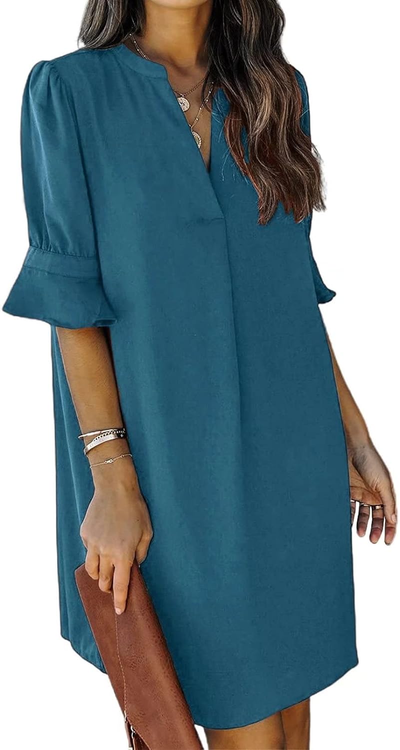 Wkior Shift Dress for Women V Neck Short Sleeves Solid Color Flowy Casual Summer Dresses(S-2XL)