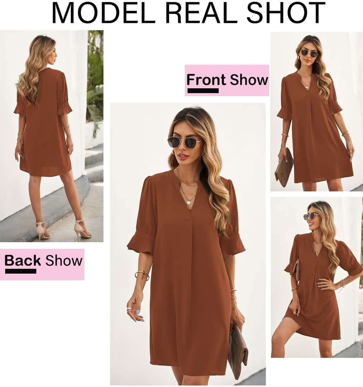 Wkior Shift Dress for Women V Neck Short Sleeves Solid Color Flowy Casual Summer Dresses(S-2XL)