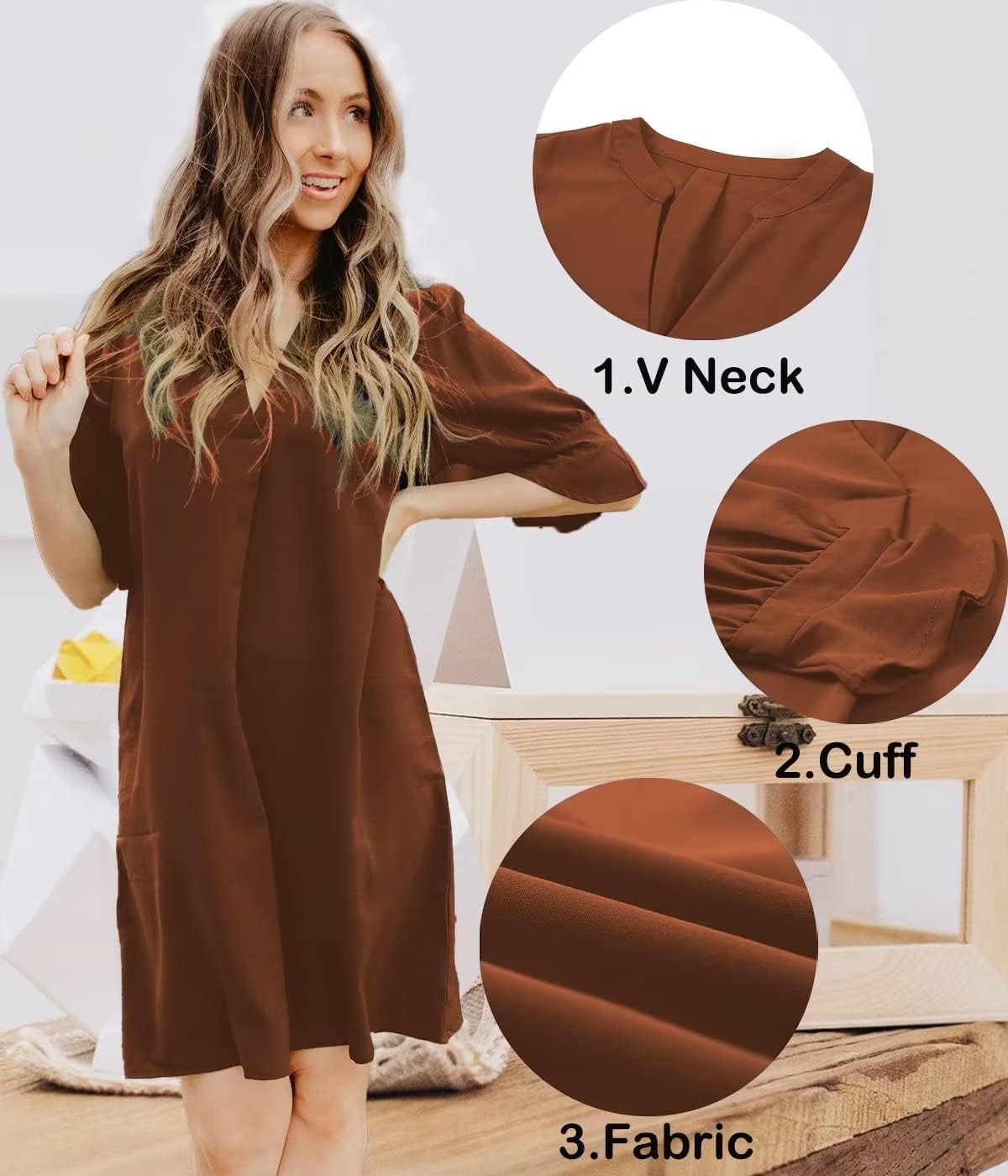 Wkior Shift Dress for Women V Neck Short Sleeves Solid Color Flowy Casual Summer Dresses(S-2XL)