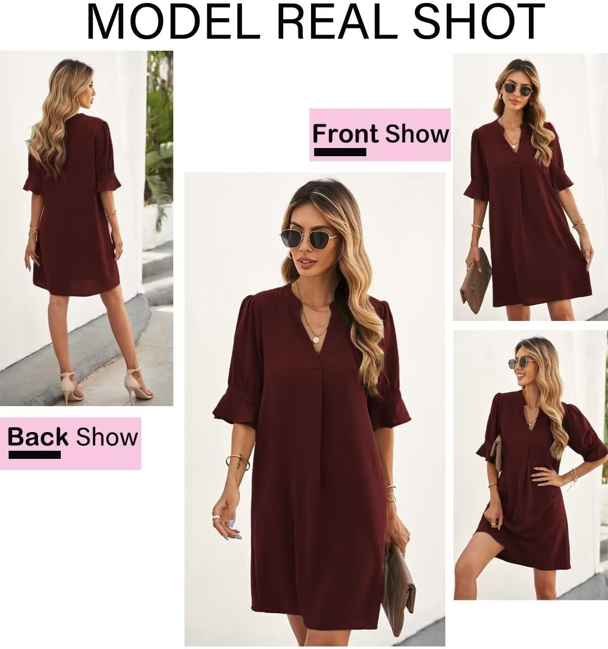 Wkior Shift Dress for Women V Neck Short Sleeves Solid Color Flowy Casual Summer Dresses(S-2XL)