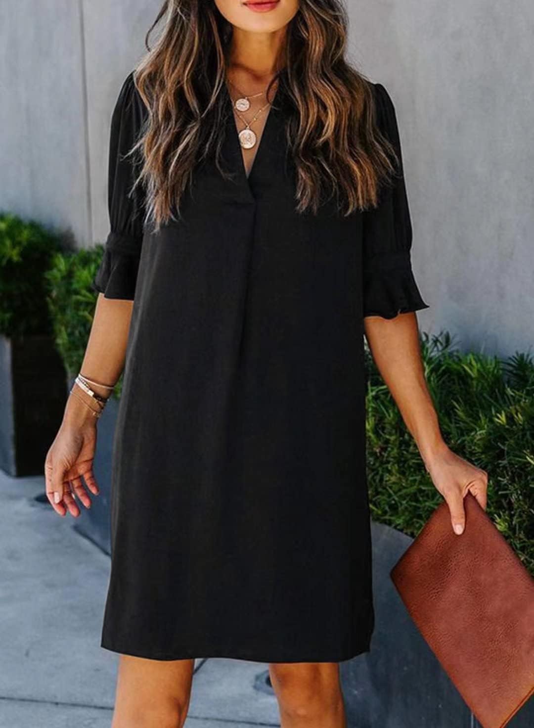 Wkior Shift Dress for Women V Neck Short Sleeves Solid Color Flowy Casual Summer Dresses(S-2XL)