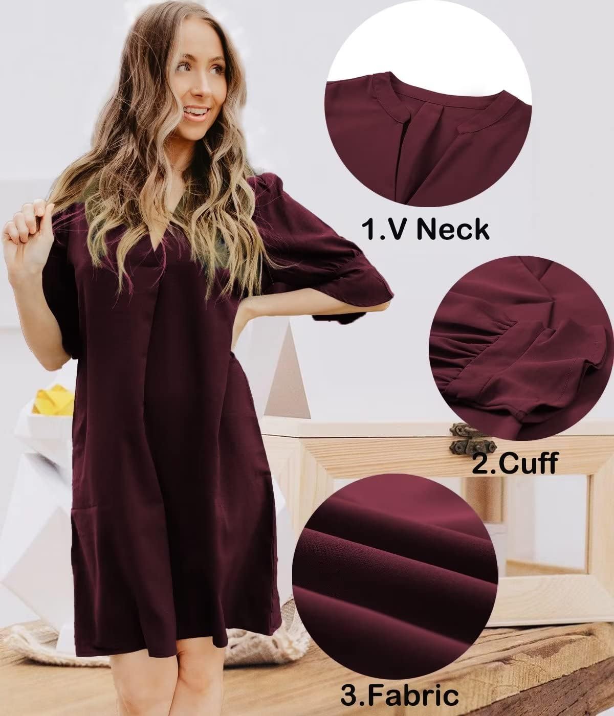 Wkior Shift Dress for Women V Neck Short Sleeves Solid Color Flowy Casual Summer Dresses(S-2XL)