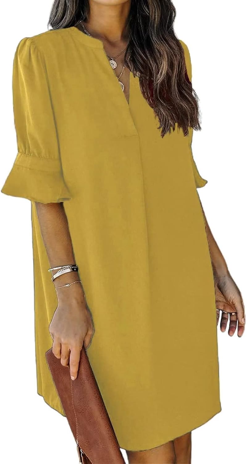 Wkior Shift Dress for Women V Neck Short Sleeves Solid Color Flowy Casual Summer Dresses(S-2XL)