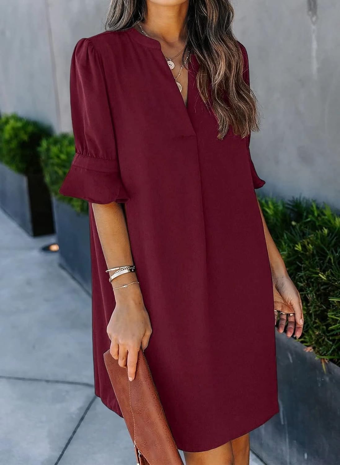 Wkior Shift Dress for Women V Neck Short Sleeves Solid Color Flowy Casual Summer Dresses(S-2XL)