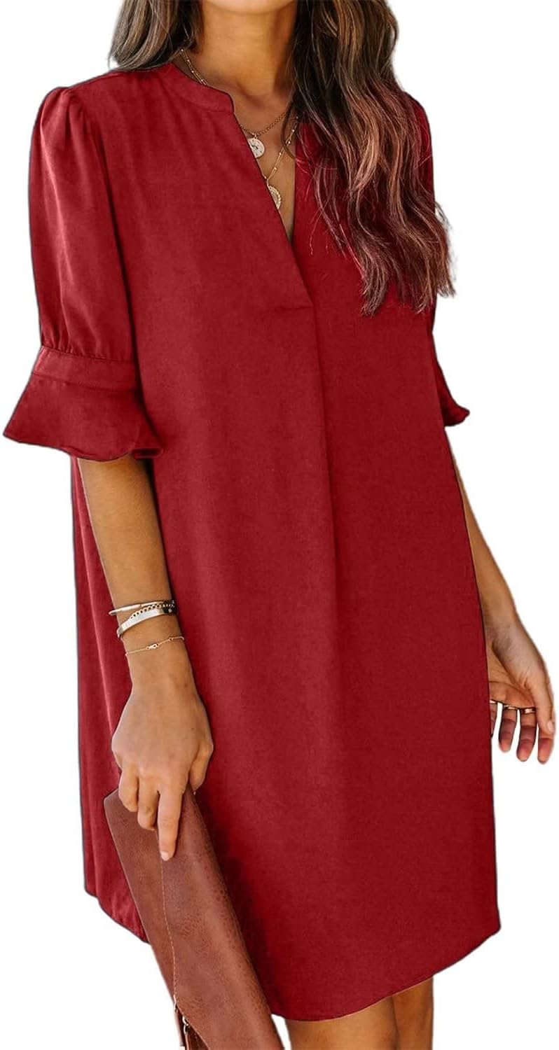 Wkior Shift Dress for Women V Neck Short Sleeves Solid Color Flowy Casual Summer Dresses(S-2XL)