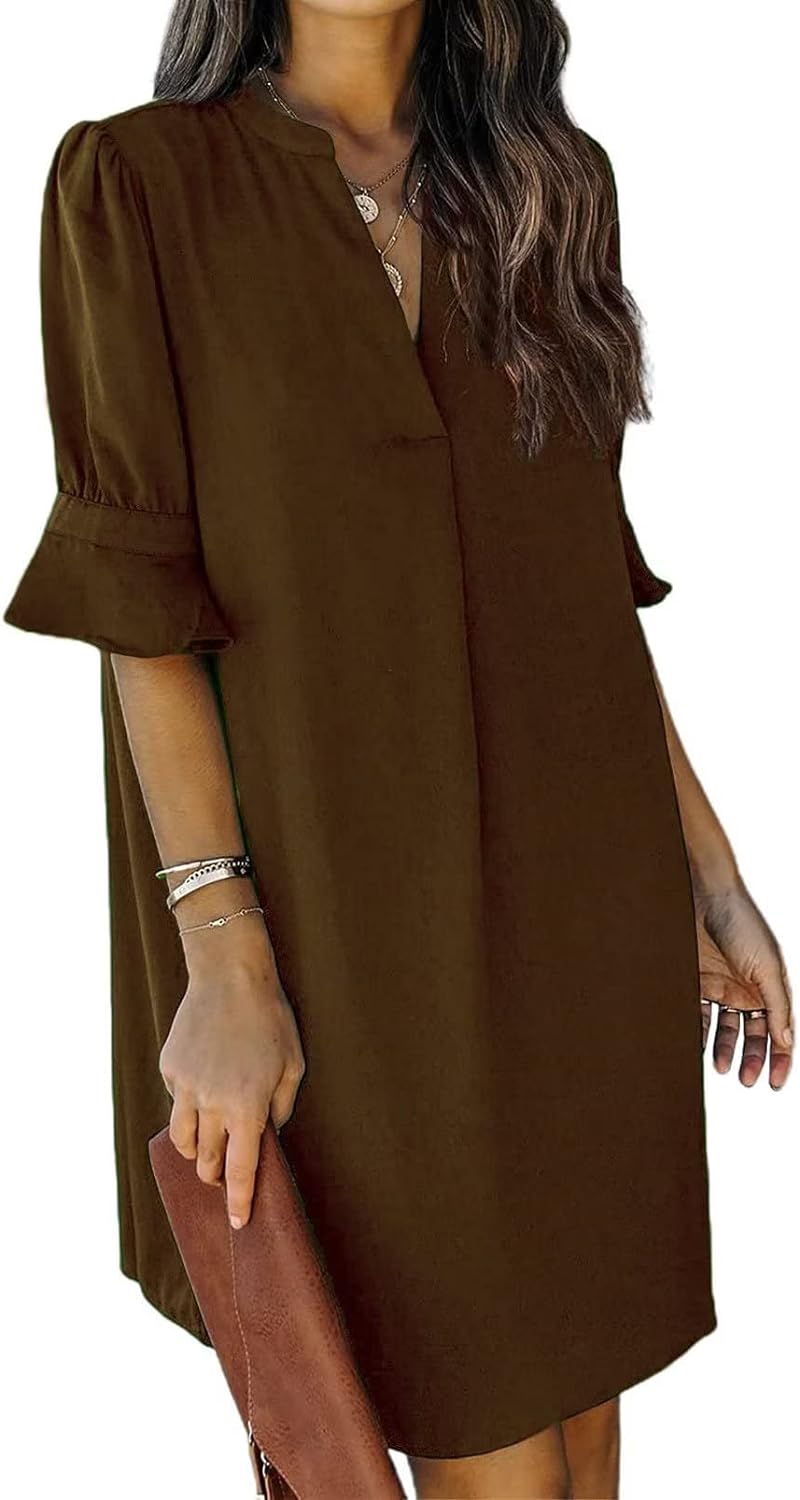 Wkior Shift Dress for Women V Neck Short Sleeves Solid Color Flowy Casual Summer Dresses(S-2XL)